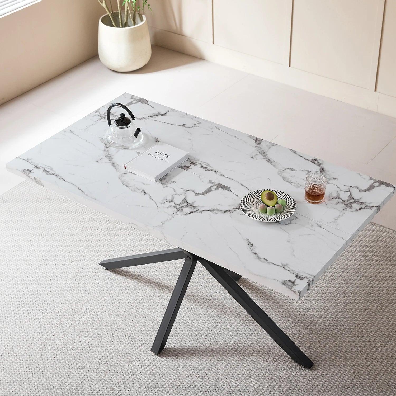 Modern Minimalist Rectangular Dining Table With Metal Base, For 4 - 6 People, Suitable For Kitchen/Dining Room, 140*80cm