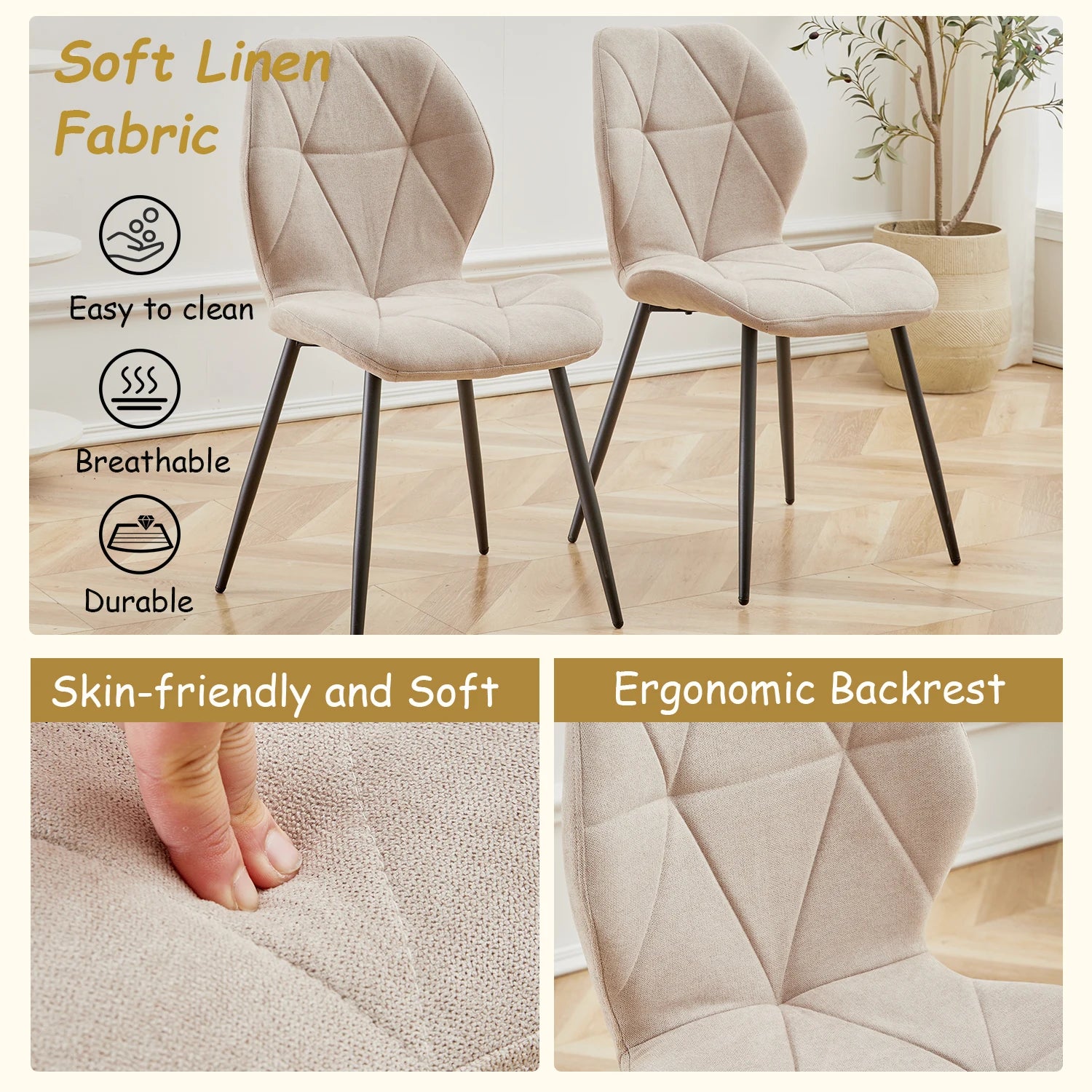 EGOONM Set of 2/4/6 Dining Chairs Upholstered Padded Linen Fabric Kitchen Chairs Metal Legs for Balcony Restaurant  Dining Room