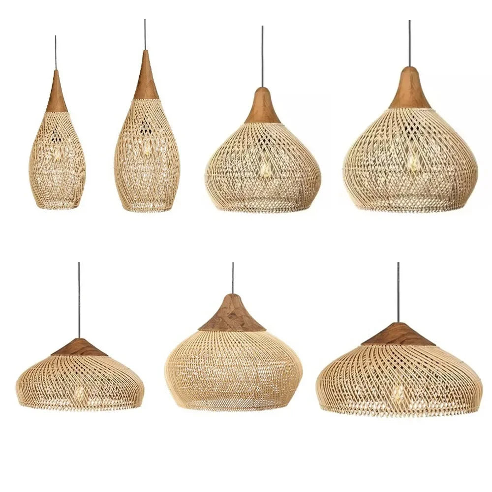 Vintage Rattan Pendant Light Woven Wicker Chandelier for Dining Room Living Room Dining Table LED Ceiling Hanging Lamp E27