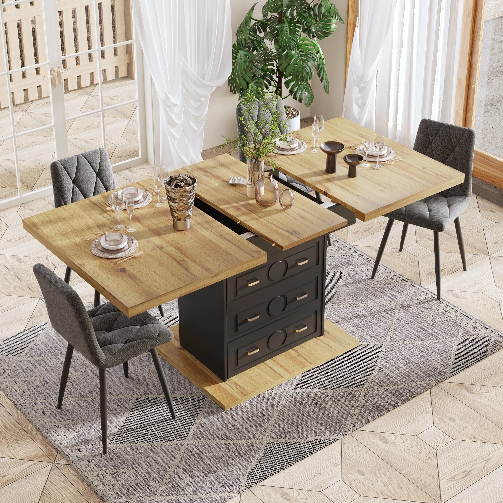 Silex - Table extensible bois naturel piètement noir rangements ...
