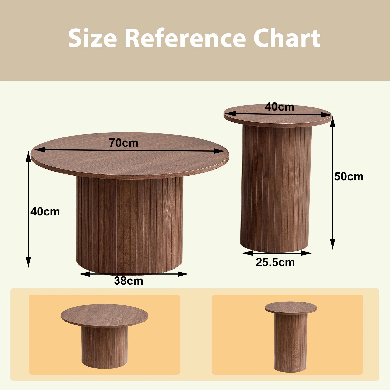 Set of 2 Nordic Style Wooden Round Coffee Table Set, Wooden Nesting Coffee Table, for Living Room/Bedroom Furniture