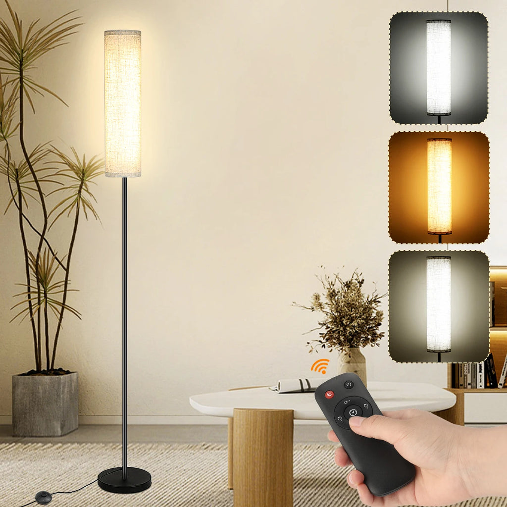 Modern dimmable floor lamp, modern fabric lampshade remote control, suitable for living room, office and bedroom, remote control
