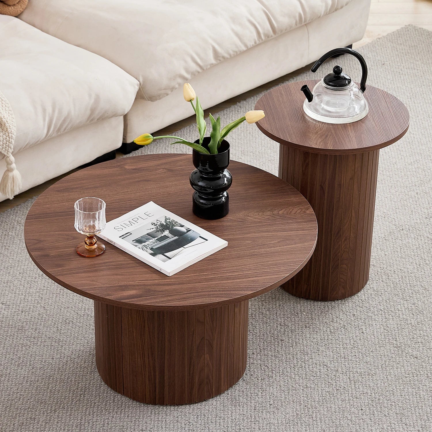 Set of 2 Nordic Style Wooden Round Coffee Table Set, Wooden Nesting Coffee Table, for Living Room/Bedroom Furniture
