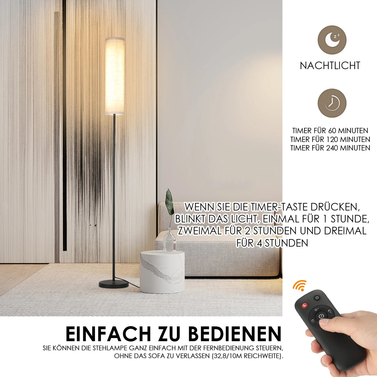 Modern dimmable floor lamp, modern fabric lampshade remote control, suitable for living room, office and bedroom, remote control