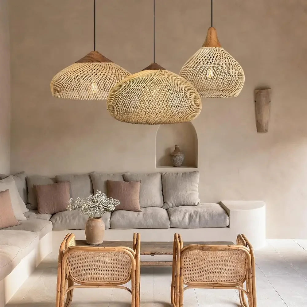 Vintage Rattan Pendant Light Woven Wicker Chandelier for Dining Room Living Room Dining Table LED Ceiling Hanging Lamp E27