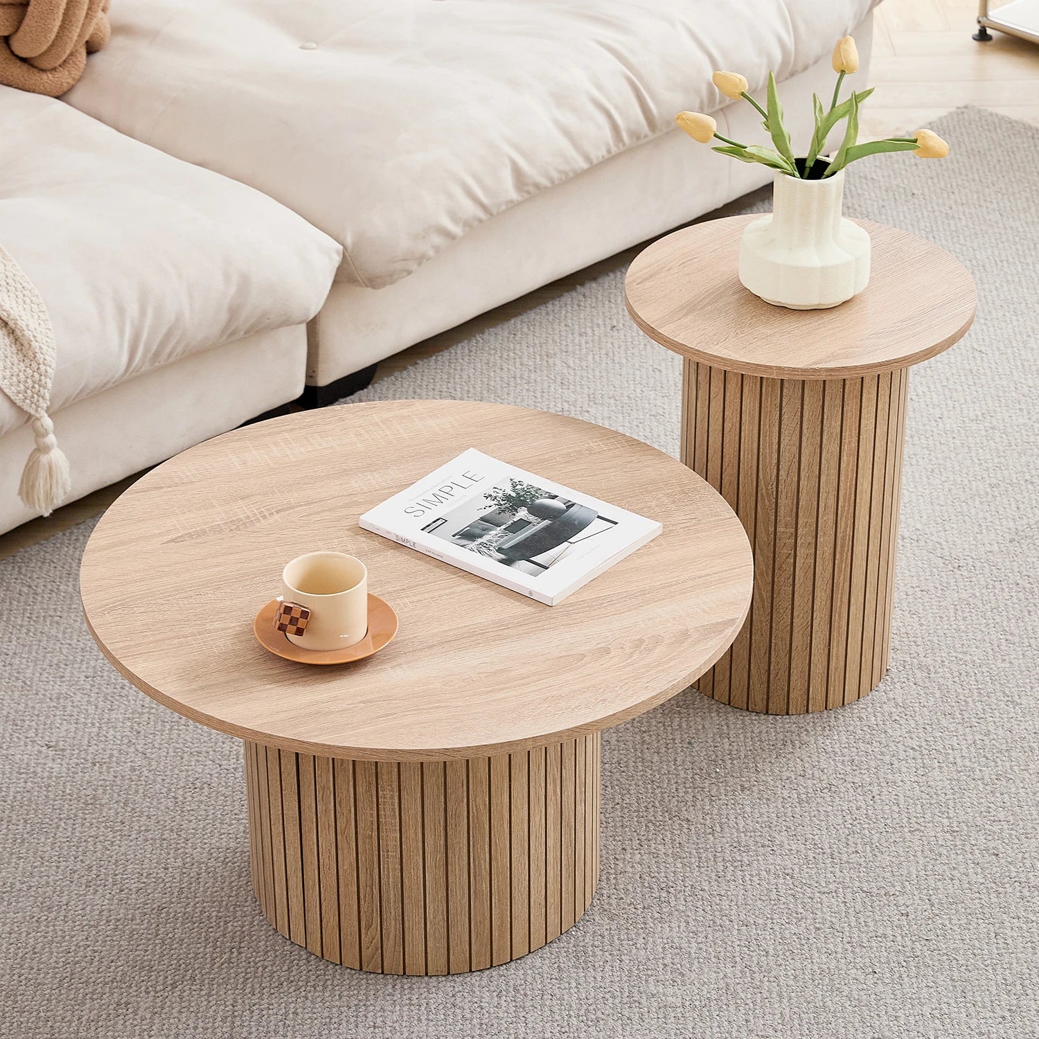 Set of 2 Nordic Style Wooden Round Coffee Table Set, Wooden Nesting Coffee Table, for Living Room/Bedroom Furniture