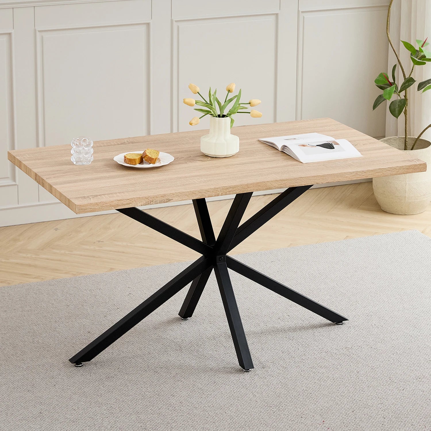Modern Minimalist Rectangular Dining Table With Metal Base, For 4 - 6 People, Suitable For Kitchen/Dining Room, 140*80cm