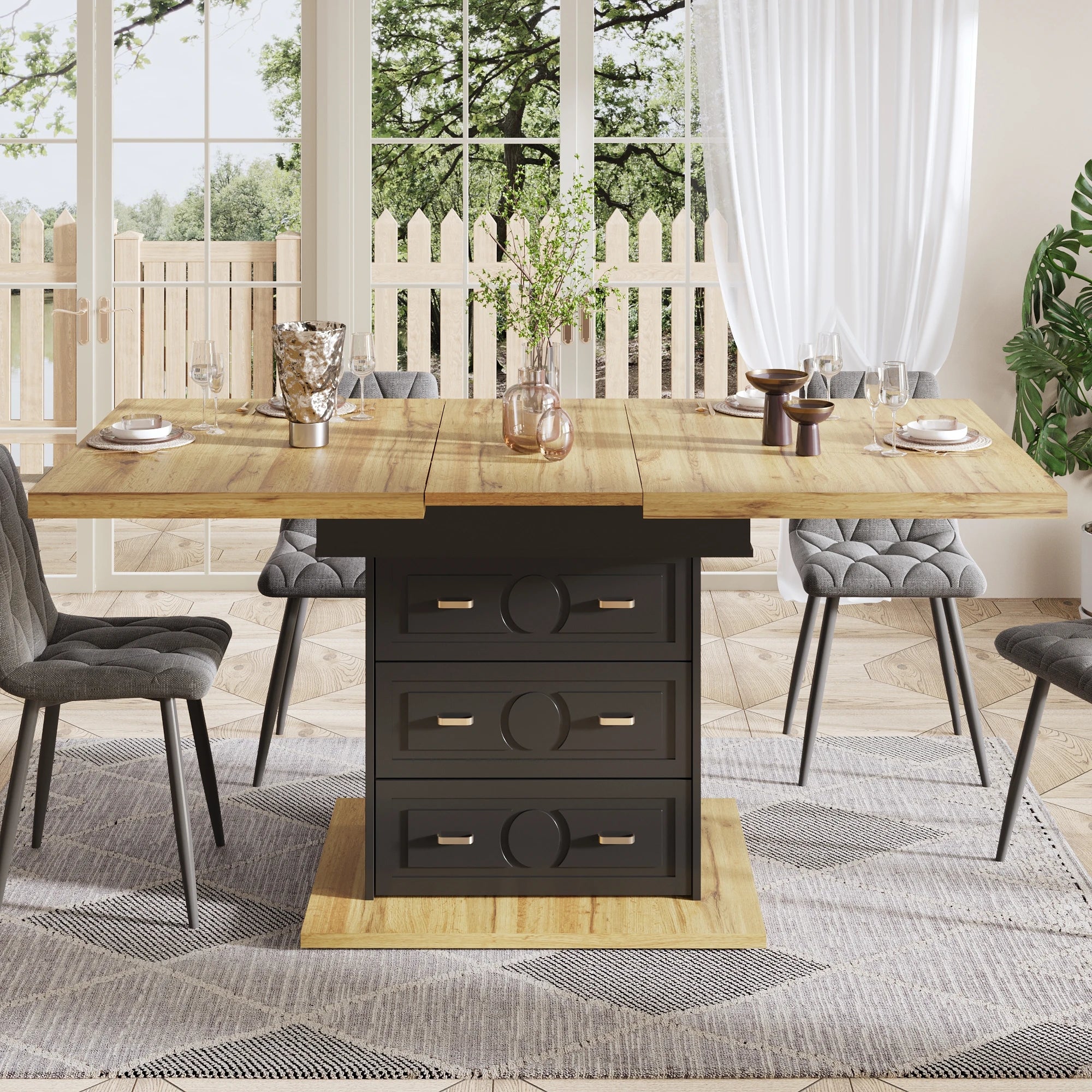 MODFU Extendable Dining Table Two Drawer Compartment table living room Wood Grain table Wood