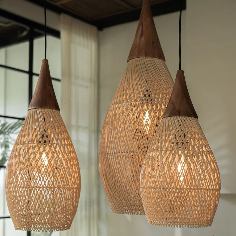 Vintage Rattan Pendant Light Woven Wicker Chandelier for Dining Room Living Room Dining Table LED Ceiling Hanging Lamp E27
